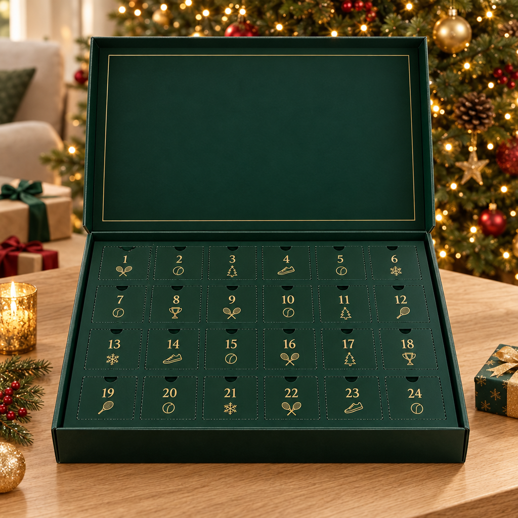 Calendrier de l'Avent tennis - coffret ouvert devant le sapin